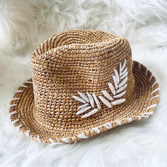 Talbots Accessories - Talbots Straw Fedora White Tropical Fern Leaf Design